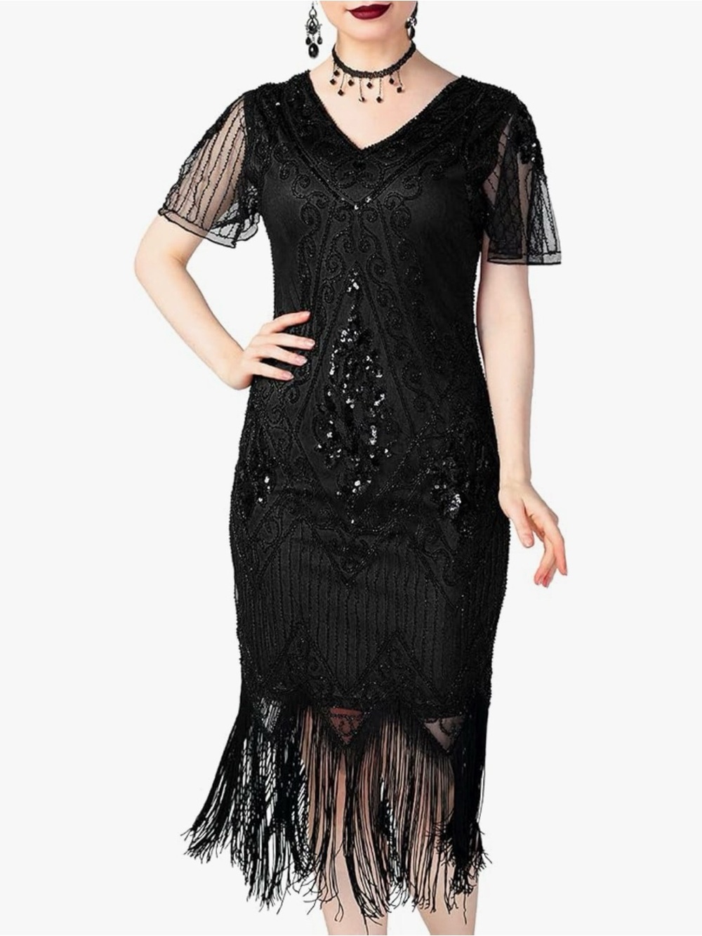1920s 🖤 BLACK SEQUIN BEADED FRINGE FLAPPER DRESS 🖤 SIZE EXTRA LARGE 🌟NWT🌟